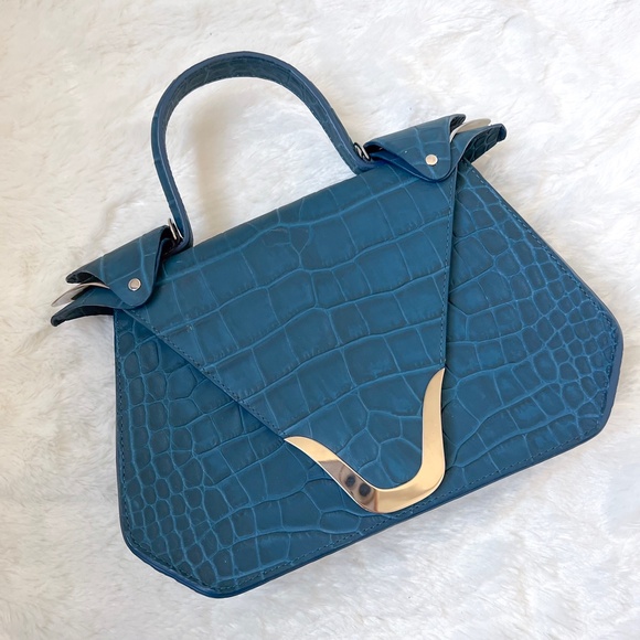 $899 NWOT LYA LYA Mini Armor Vault Croc Teal Silver Crossbody Top Handle Handbag - Picture 14 of 15